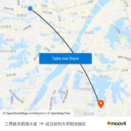 三秀路东西湖大道 to 武汉纺织大学阳光校区 map