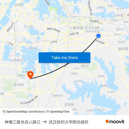 神墩三路光谷八路口 to 武汉纺织大学阳光校区 map