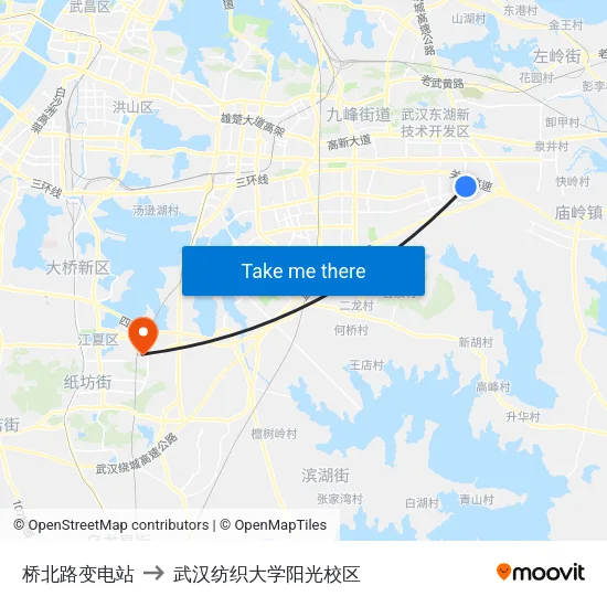 桥北路变电站 to 武汉纺织大学阳光校区 map