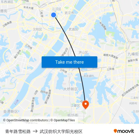青年路雪松路 to 武汉纺织大学阳光校区 map