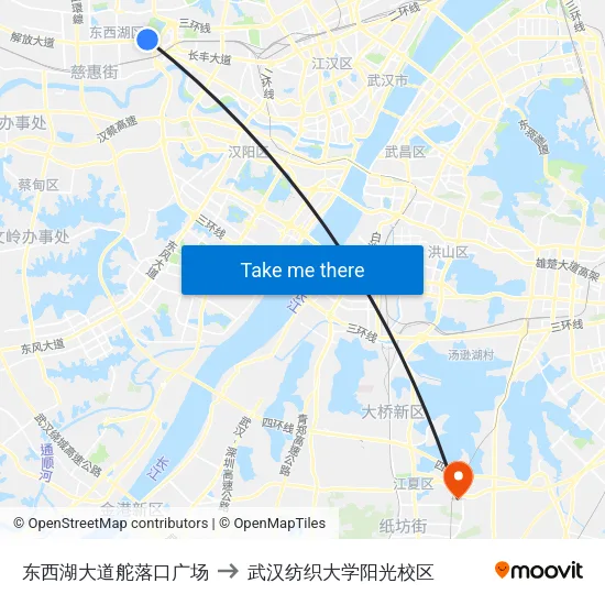 东西湖大道舵落口广场 to 武汉纺织大学阳光校区 map