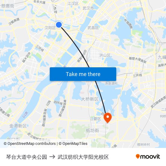 琴台大道中央公园 to 武汉纺织大学阳光校区 map