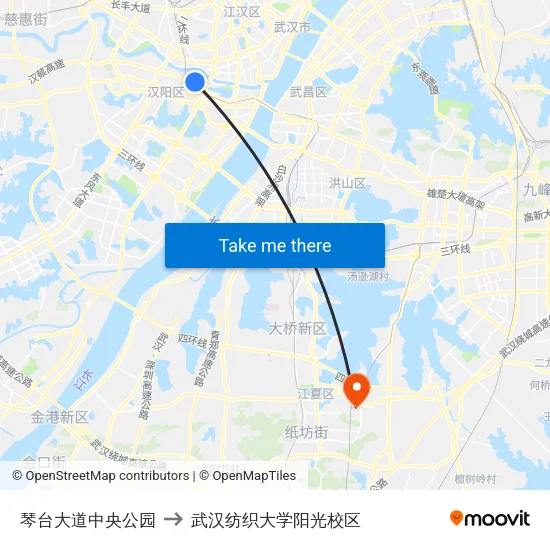 琴台大道中央公园 to 武汉纺织大学阳光校区 map