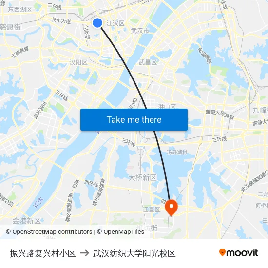振兴路复兴村小区 to 武汉纺织大学阳光校区 map