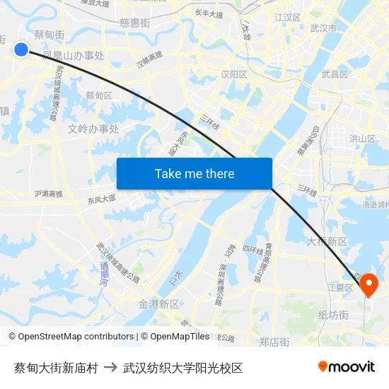 蔡甸大街新庙村 to 武汉纺织大学阳光校区 map
