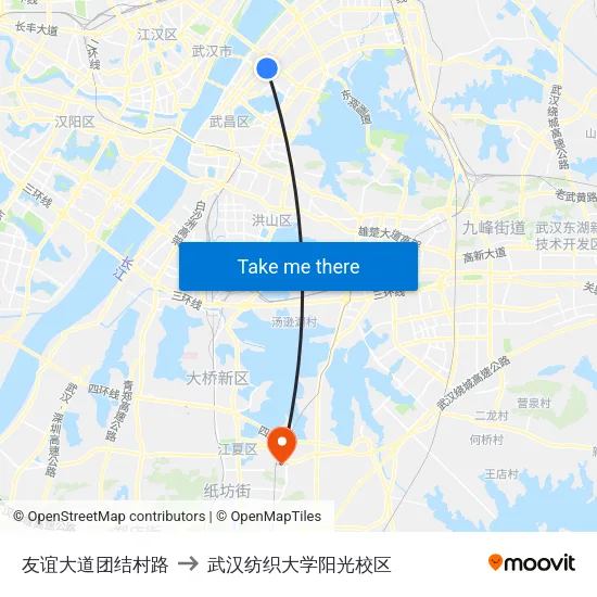 友谊大道团结村路 to 武汉纺织大学阳光校区 map