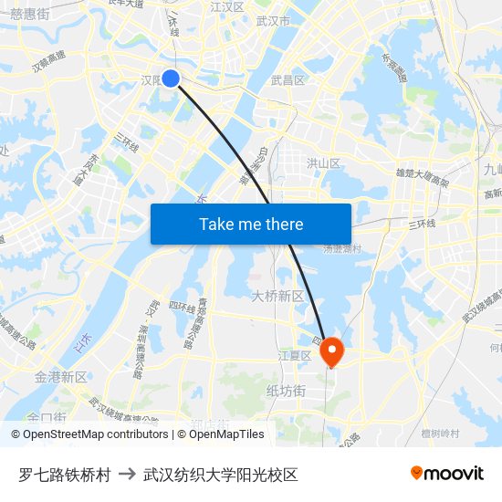 罗七路铁桥村 to 武汉纺织大学阳光校区 map
