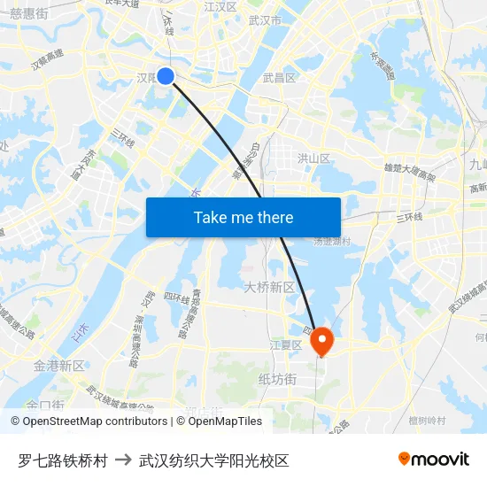 罗七路铁桥村 to 武汉纺织大学阳光校区 map