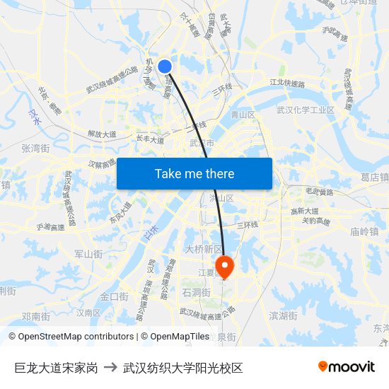 巨龙大道宋家岗 to 武汉纺织大学阳光校区 map
