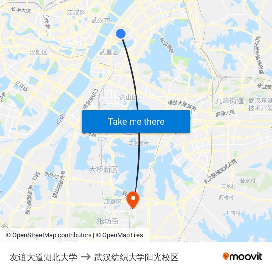 友谊大道湖北大学 to 武汉纺织大学阳光校区 map