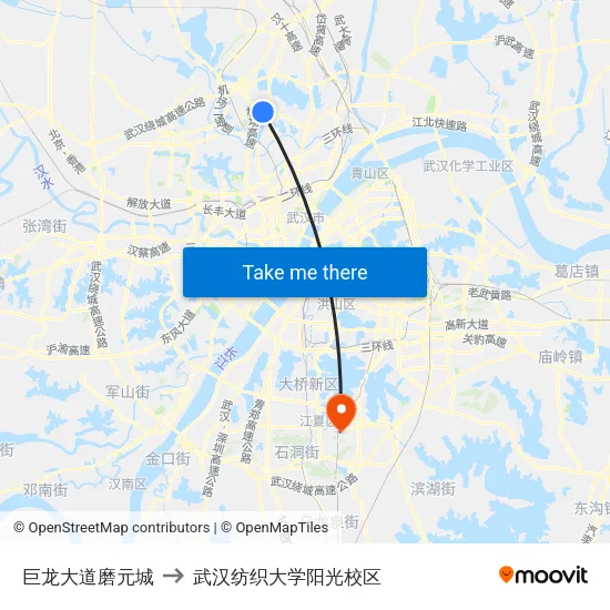 巨龙大道磨元城 to 武汉纺织大学阳光校区 map