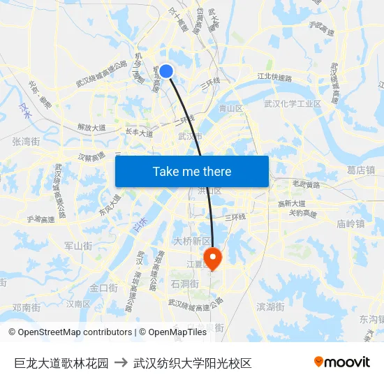 巨龙大道歌林花园 to 武汉纺织大学阳光校区 map