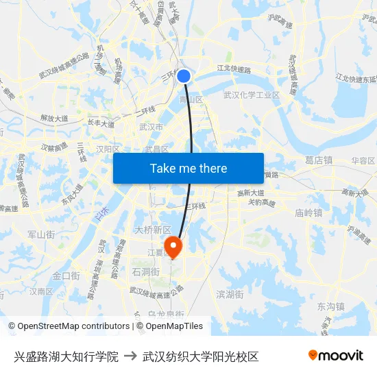 兴盛路湖大知行学院 to 武汉纺织大学阳光校区 map