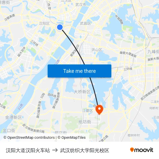 汉阳大道汉阳火车站 to 武汉纺织大学阳光校区 map