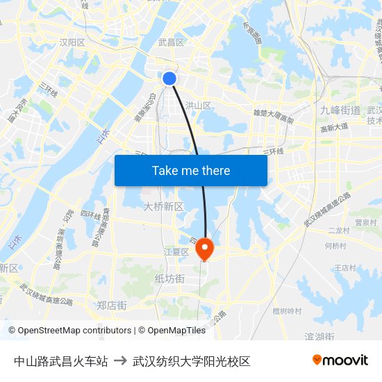 中山路武昌火车站 to 武汉纺织大学阳光校区 map