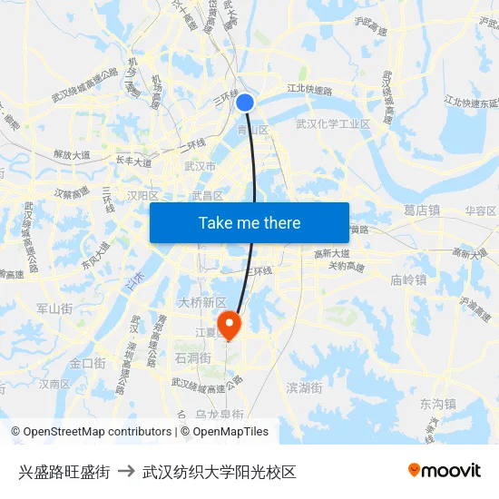 兴盛路旺盛街 to 武汉纺织大学阳光校区 map