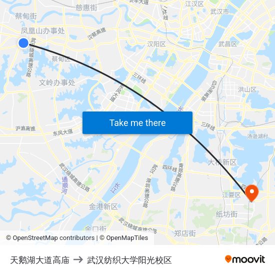 天鹅湖大道高庙 to 武汉纺织大学阳光校区 map