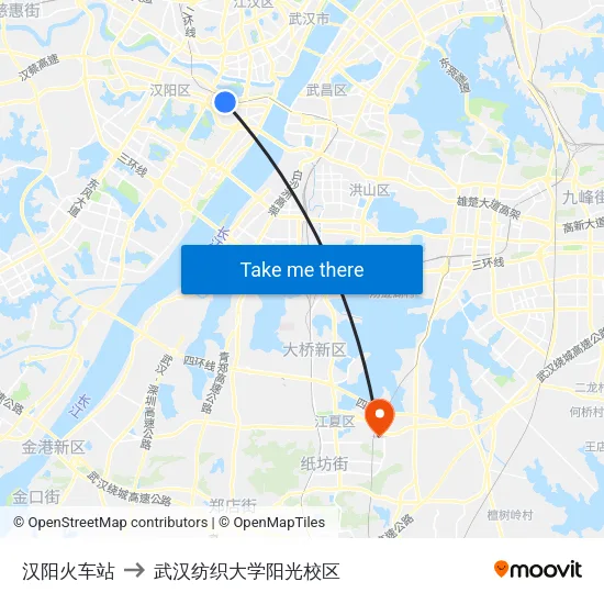 汉阳火车站 to 武汉纺织大学阳光校区 map