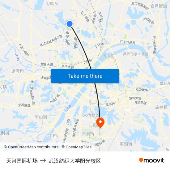 天河国际机场 to 武汉纺织大学阳光校区 map