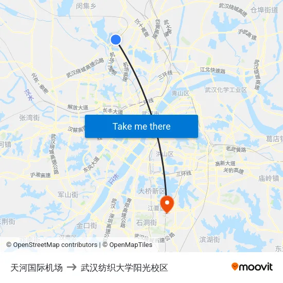 天河国际机场 to 武汉纺织大学阳光校区 map