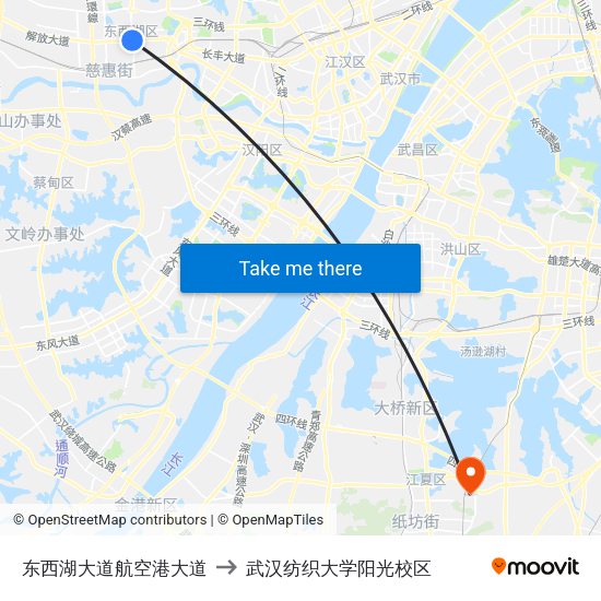 东西湖大道航空港大道 to 武汉纺织大学阳光校区 map