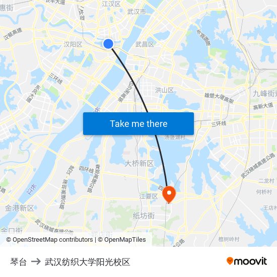 琴台 to 武汉纺织大学阳光校区 map