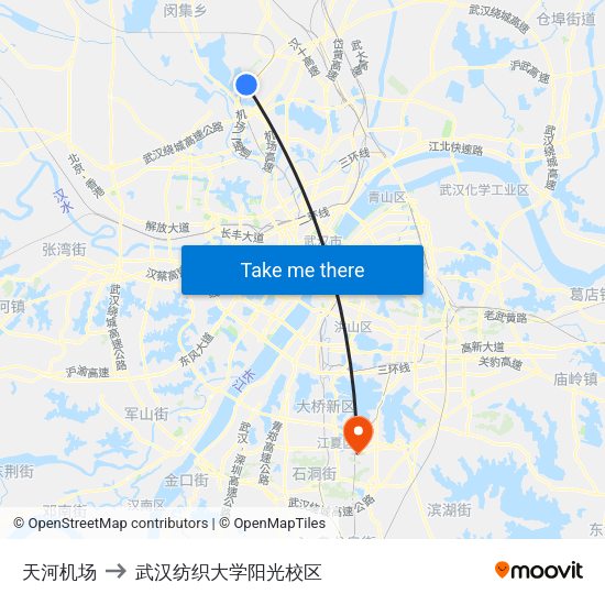 天河机场 to 武汉纺织大学阳光校区 map