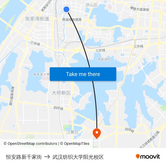 恒安路新千家街 to 武汉纺织大学阳光校区 map