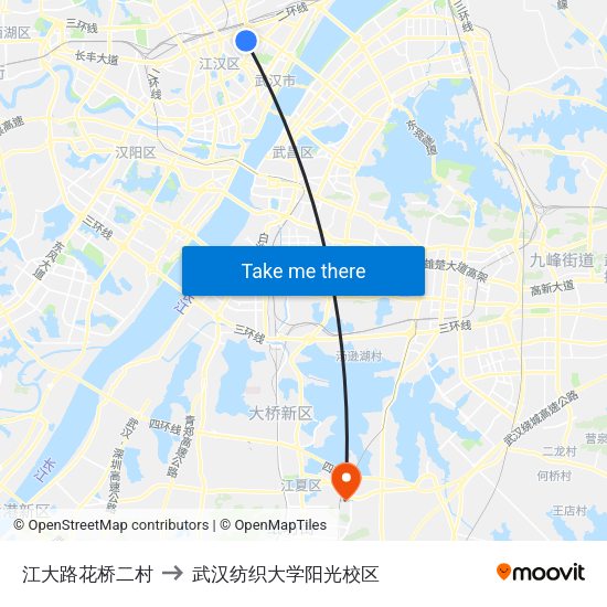 江大路花桥二村 to 武汉纺织大学阳光校区 map