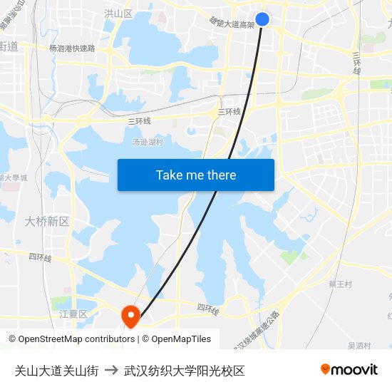 关山大道关山街 to 武汉纺织大学阳光校区 map