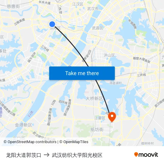 龙阳大道郭茨口 to 武汉纺织大学阳光校区 map