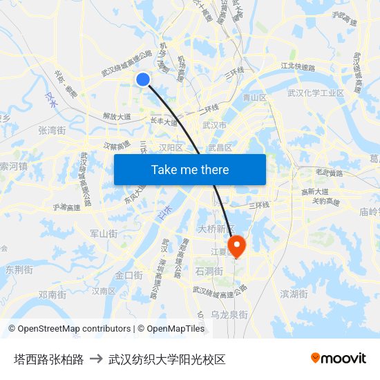 塔西路张柏路 to 武汉纺织大学阳光校区 map