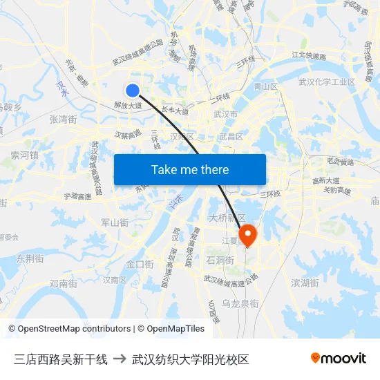 三店西路吴新干线 to 武汉纺织大学阳光校区 map