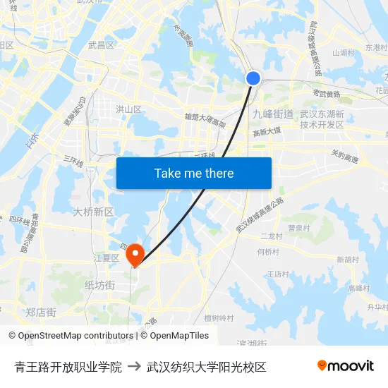 青王路开放职业学院 to 武汉纺织大学阳光校区 map