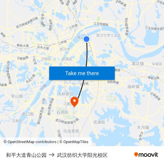 和平大道青山公园 to 武汉纺织大学阳光校区 map