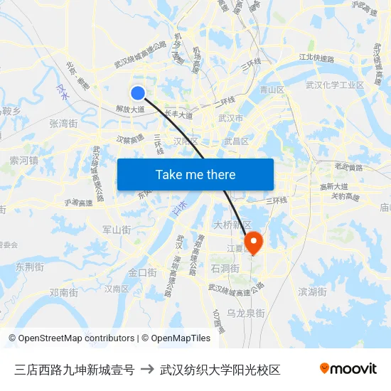 三店西路九坤新城壹号 to 武汉纺织大学阳光校区 map
