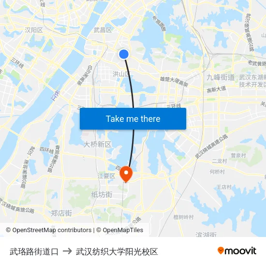 武珞路街道口 to 武汉纺织大学阳光校区 map