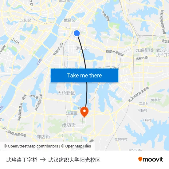 武珞路丁字桥 to 武汉纺织大学阳光校区 map