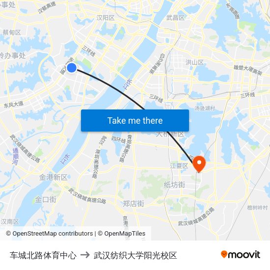 车城北路体育中心 to 武汉纺织大学阳光校区 map