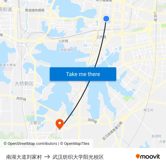 南湖大道刘家村 to 武汉纺织大学阳光校区 map