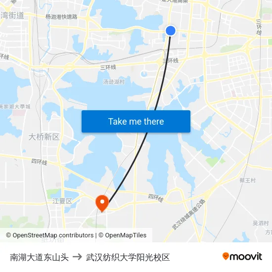 南湖大道东山头 to 武汉纺织大学阳光校区 map