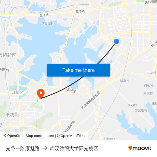 光谷一路康魅路 to 武汉纺织大学阳光校区 map