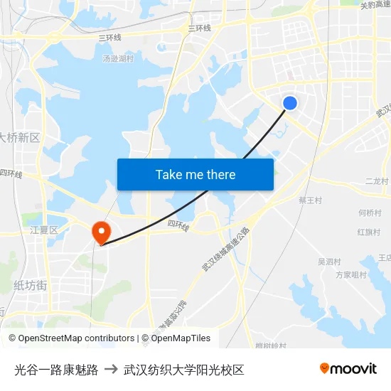 光谷一路康魅路 to 武汉纺织大学阳光校区 map
