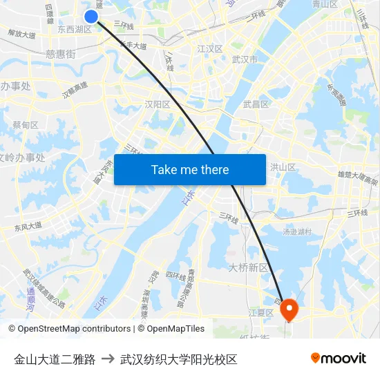 金山大道二雅路 to 武汉纺织大学阳光校区 map