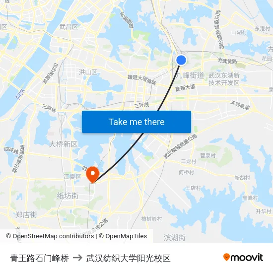 青王路石门峰桥 to 武汉纺织大学阳光校区 map