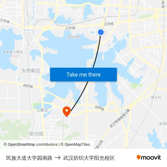 民族大道大学园南路 to 武汉纺织大学阳光校区 map