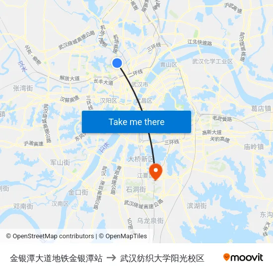 金银潭大道地铁金银潭站 to 武汉纺织大学阳光校区 map