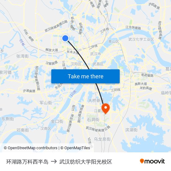 环湖路万科西半岛 to 武汉纺织大学阳光校区 map