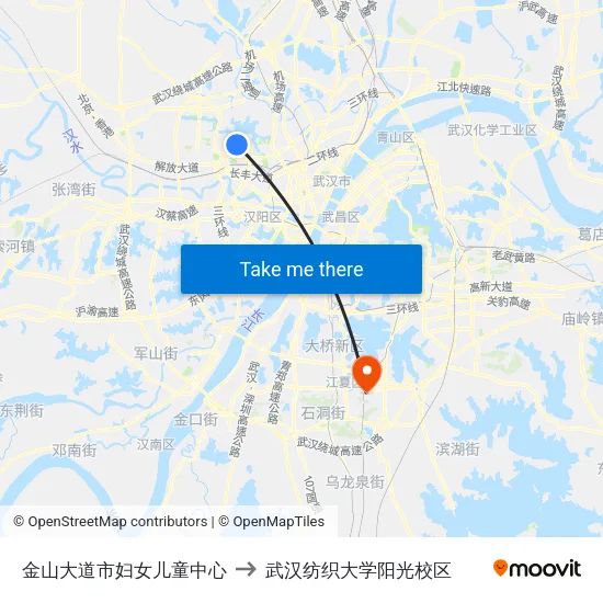 金山大道市妇女儿童中心 to 武汉纺织大学阳光校区 map