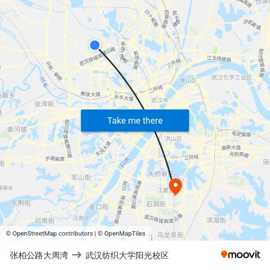 张柏公路大周湾 to 武汉纺织大学阳光校区 map